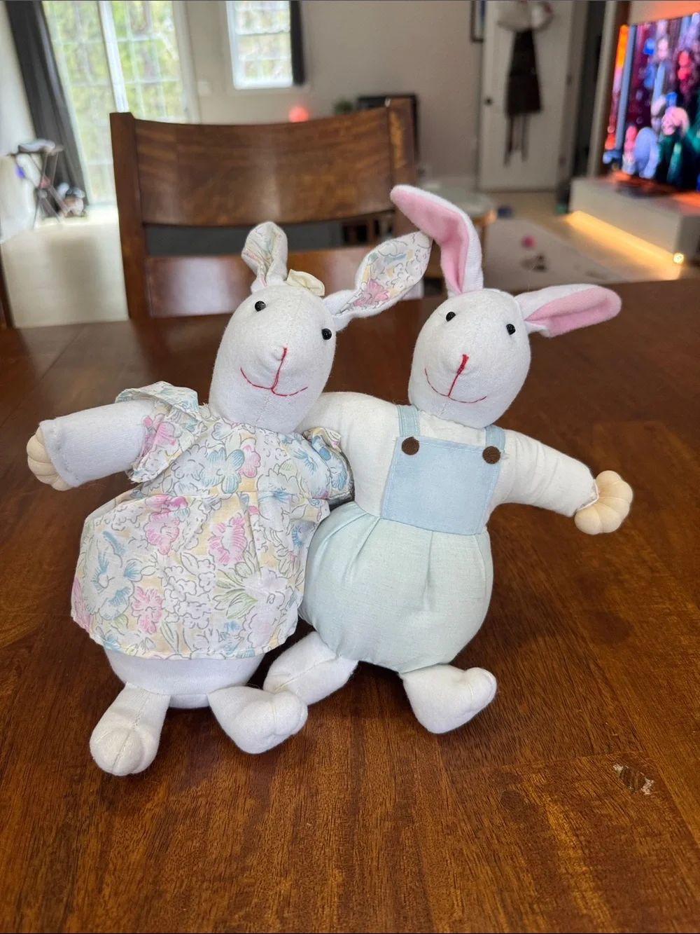 Vintage Pair of Plush Bunny Dolls in Pastel Floral Dress & Light Blue Overalls